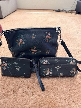 Coach Black Floral Leather Crossbody with Matching Wristlet & Wallet